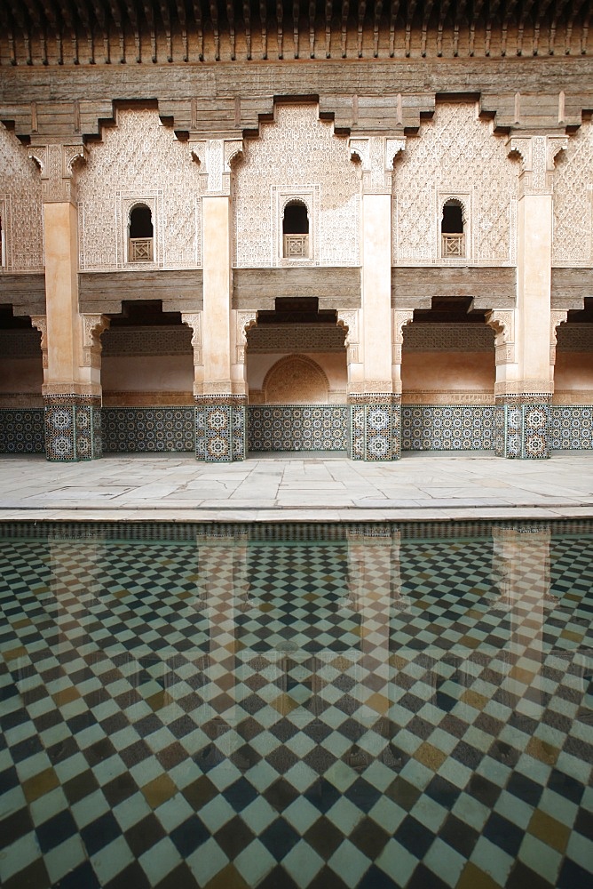 Columned arcades in the central courtyard of the Ben Youssef Medersa, the largest Medersa in Morocco, originally a religious school founded under Abou el Hassan, UNESCO World Heritage Site, Marrakech, Morocco, North Africa, Africa