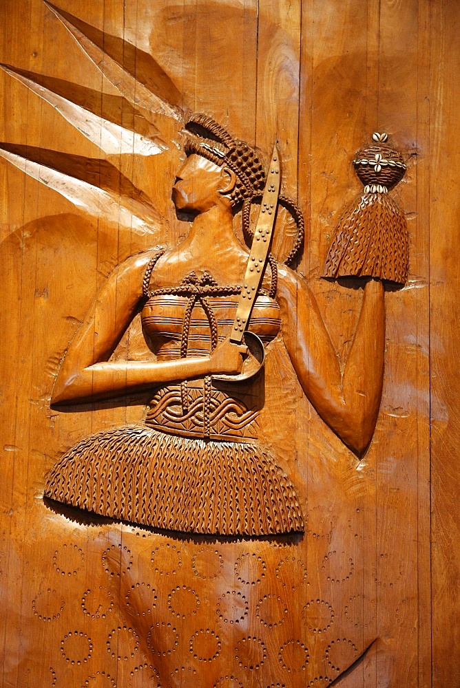 Carved wooden relief depicting Candomble (Afro-Brazilian religion) orisha (divinity figure) Ewa by artist Carybe in the Afro-Brazilian Museum, Salvador, Bahia, Brazil, South America