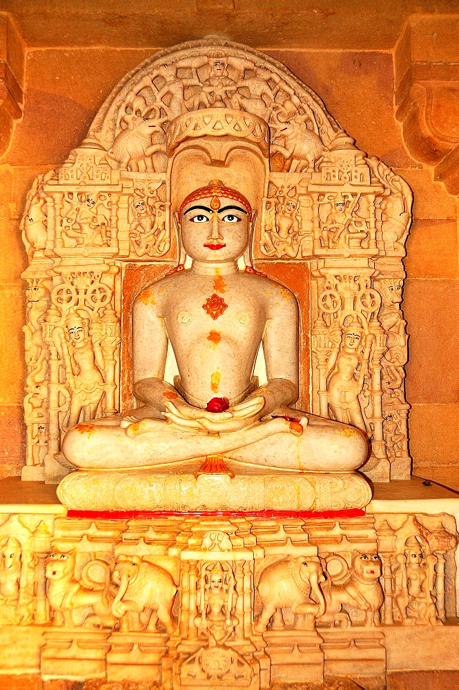 Depiction of Rishabha in Jain temple of Adinath (Rishabha), dating from the 12th century, Jaisalmer, Rajasthan, India, Asia