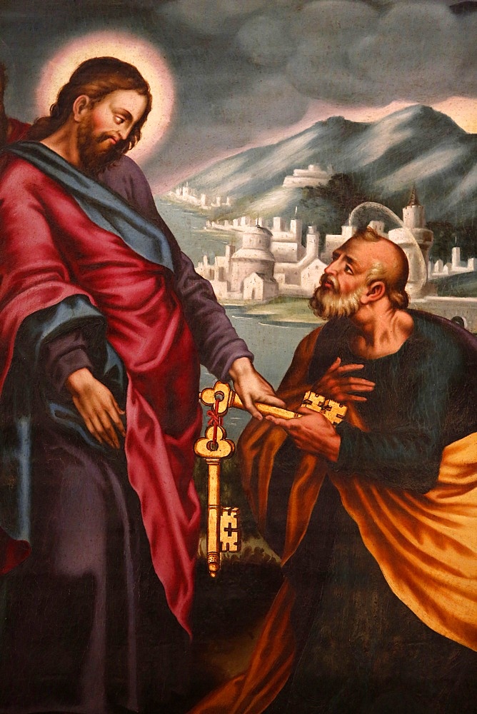 Jesus giving keys to St. Peter, painting in Palma Cathedral, Palma, Majorca, Balearic Islands, Spain, Europe