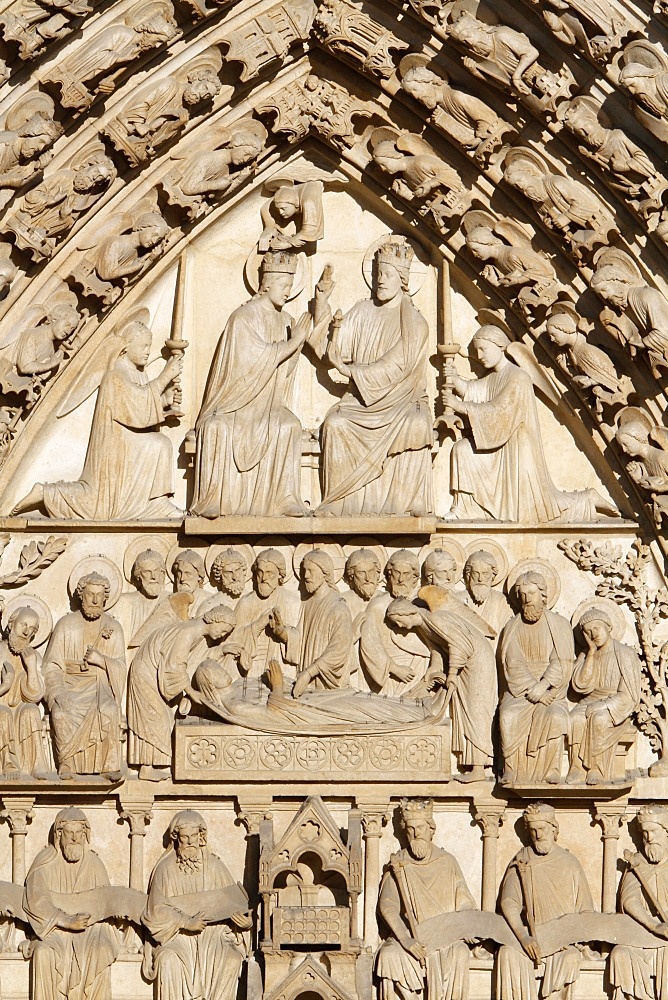 Crowning of the Virgin, Burial and Assumption of the Virgin, three kings and three prophets meditating on the mystery of Mary, Portal of the Virgin, Notre Dame de Paris Cathedral, Paris, France, Europe