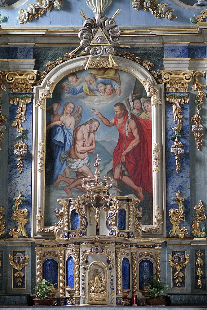 Altarpiece showing The Baptism of the Christ, St. John the Baptist church, Les Houches, Haute Savoie, France, Euorpe