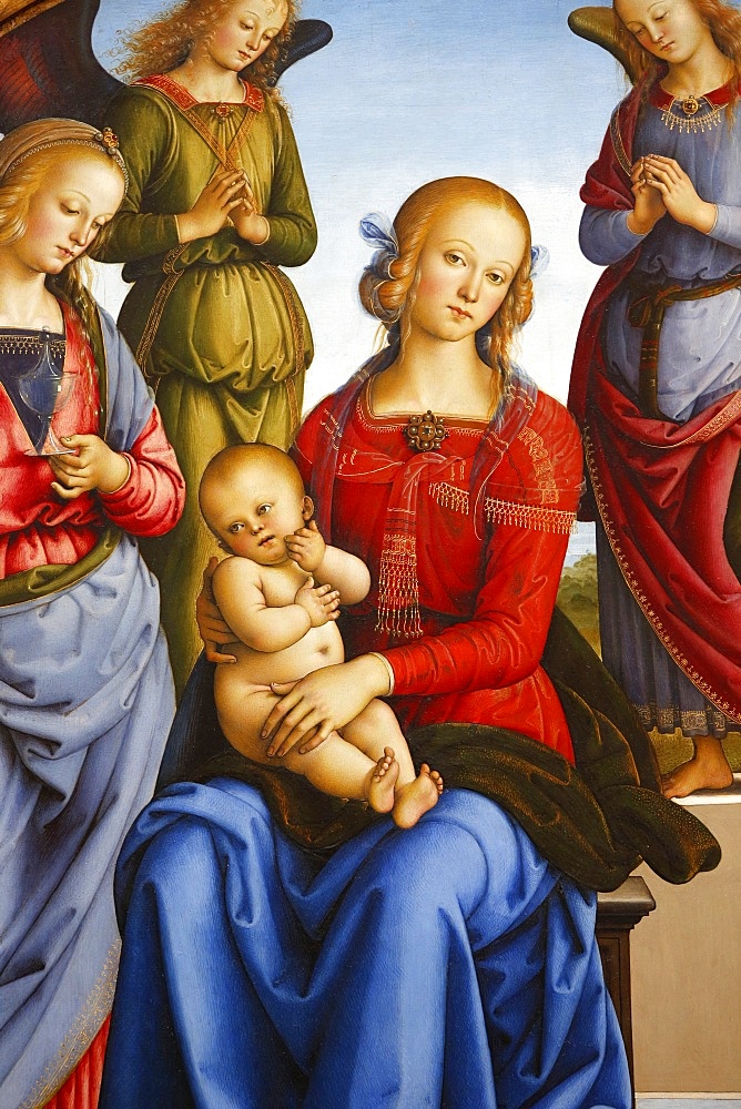 Virgin with Child flanked by two angels by Pietro Vannucci, painted 1490, Pais, France, Europe