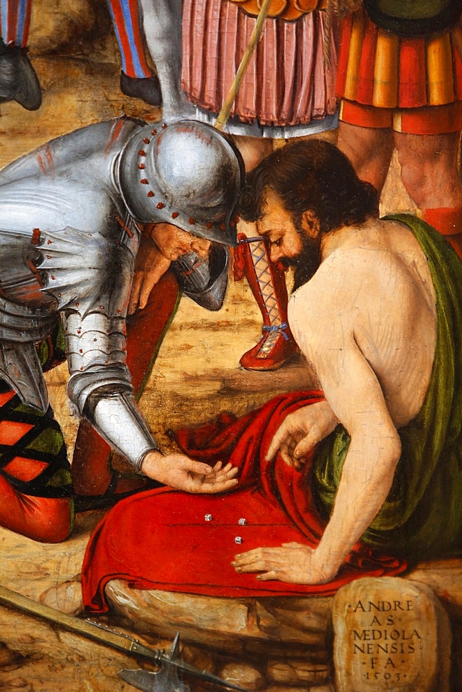 Detail of the Crucifixion by Andrea di Bartolo, painted in 1495, of two Roman soldiers gambling the Christ's tunic by throwing dice, Paris, France, Europe