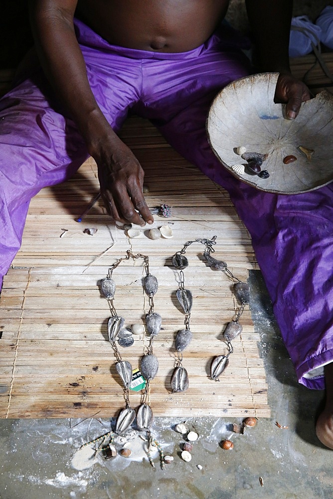 Rosary made of cowries used in divination in the house of the Fa in Ouidah, Benin, West Africa, Africa