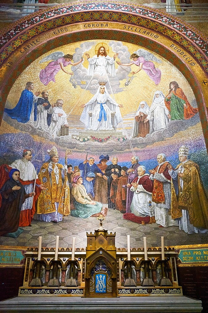 Mosaic of the The Coronation of the Virgin by Wencker dating from 1907, Notre-Dame du Rosaire Basilica, Lourdes, Hautes-Pyrenees, France, Europe