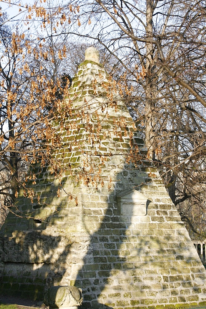 Masonic symbol of a pyramid in Parc Monceau, Paris, Ile de France, France, Europe