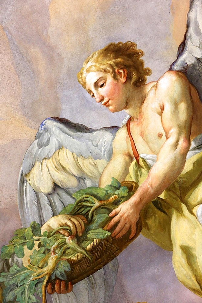 Angel holding a basket with roots, fresco by Johann Michael Rottmayrr, Karlskirche (St. Charles's Church), Vienna, Austria, Europe