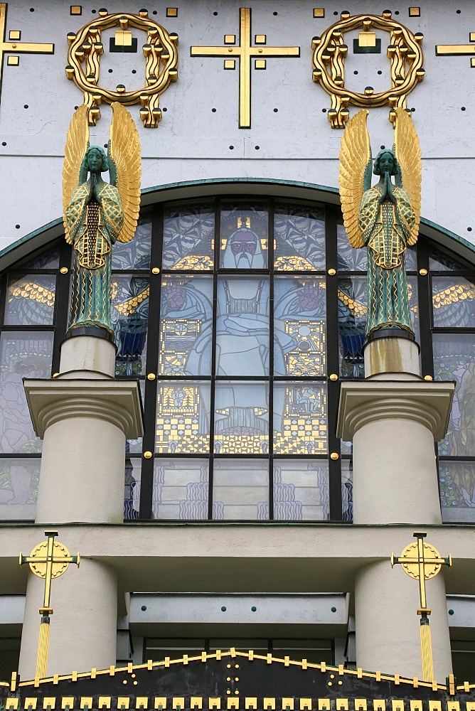 Statues of angels designed by Othmar Schimkowitz in front of the window, a work of Kolo Moser called the Fall, Steinhof Church built by Otto Wagner between 1902 and 1907, Vienna, Austria, Europe