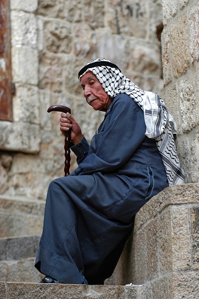 Old Palestinian man resting in East Jerusalem, Jerussalem, Israel, Middle East