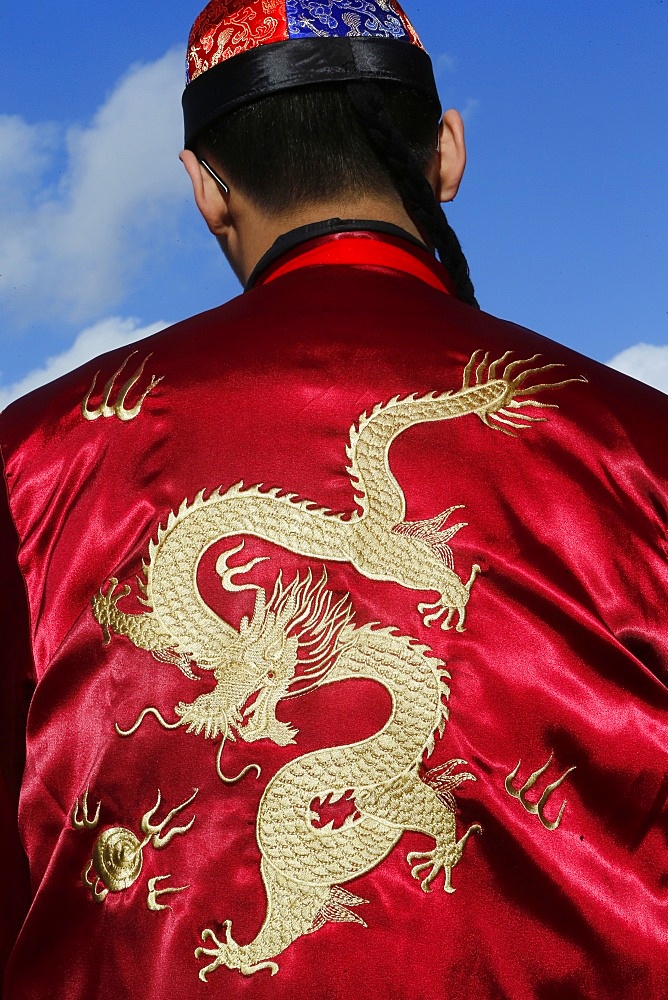 Detail of dragon on jacket, Chinese New Year, Paris, France, Europe