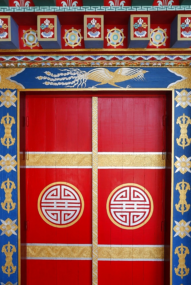 Pagoda door, Temple of the Thousand Buddhas, Dashang Kagyu Ling congregation, La Boulaye, Saone-et-Loire, Burgundy, France, Europe