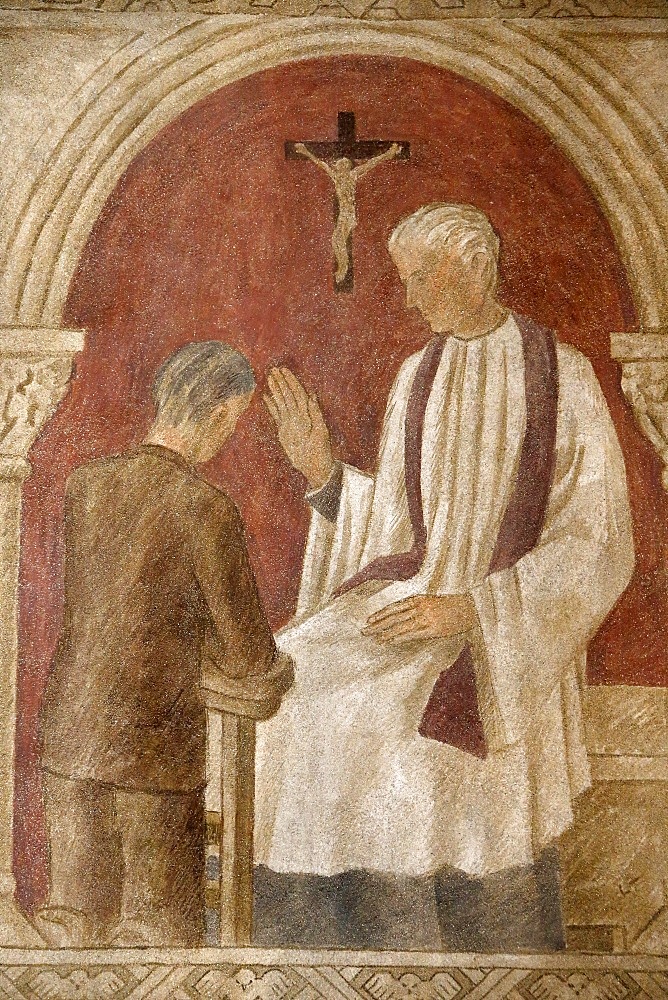 Fresco of Holy Confession in Sainte Genevieve's Cathedral, Nanterre, Hauts-de-Seine, France, Europe