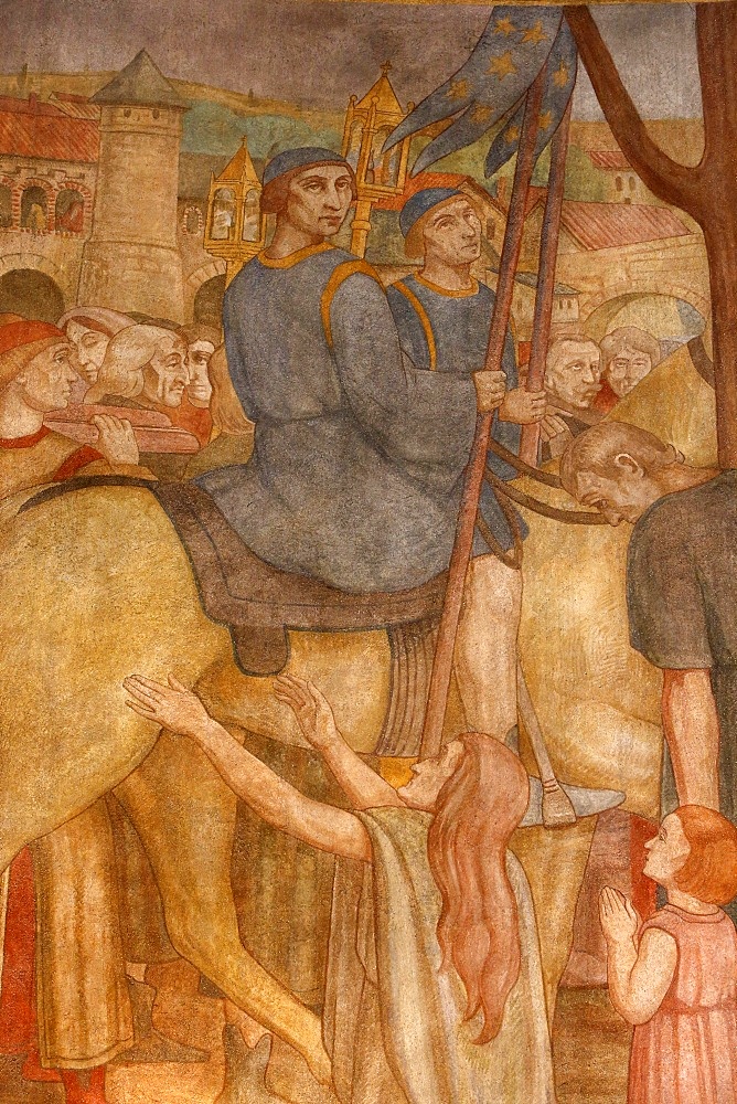 Fresco painted by Paul Lemasson in 1927, of Sainte Genevieve's reliquary carried in procession, Sainte Genevieve's Cathedral, Nanterre, Hauts-de-Seine, France, Europe