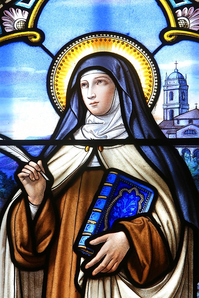 Stained glass window of St. Therese of Lisieux, Shrine of Our Lady of La Salette, La Salette-Fallavaux, Isere, France, Europe