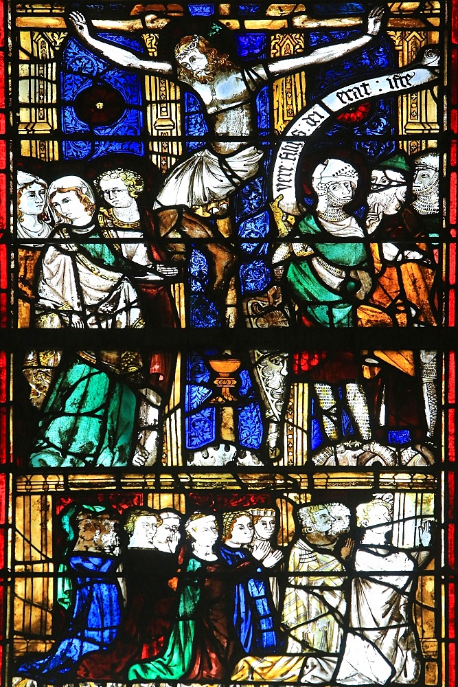 Stained glass from the 13th century of the  Crucifixion, Chapel St. Vincent and Our Lady of Lourdes, Beauvais Cathedral, Picardy, France, Europe