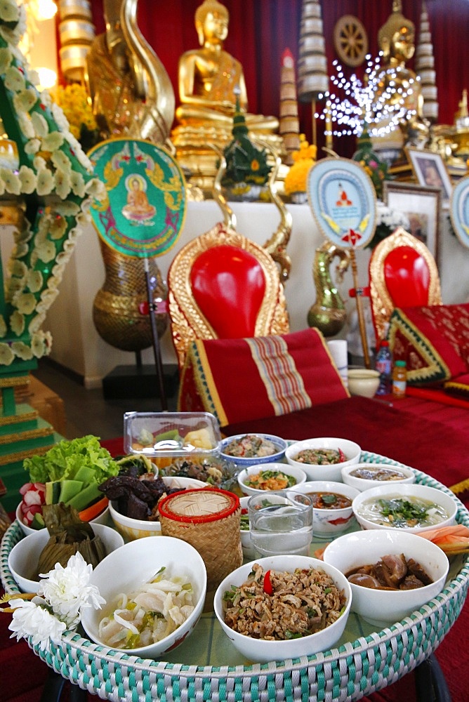 Offerings, Buddhist altar, Wat Velouvanaram, Bussy Saint Georges, Seine et Marne, France, Europe