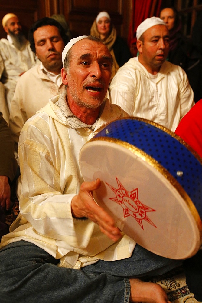 Alawi Sufi Muslims singing and playing drums, Nandy, Seine-et-Marne, France, Europe