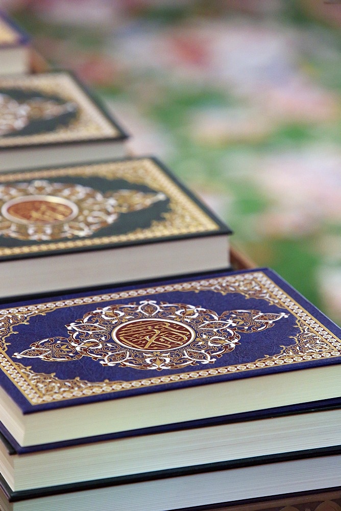 Detail of copies of The Koran inside Sheikh Zayed Grand Mosque, Abu Dhabi, United Arab Emirates, Middle East