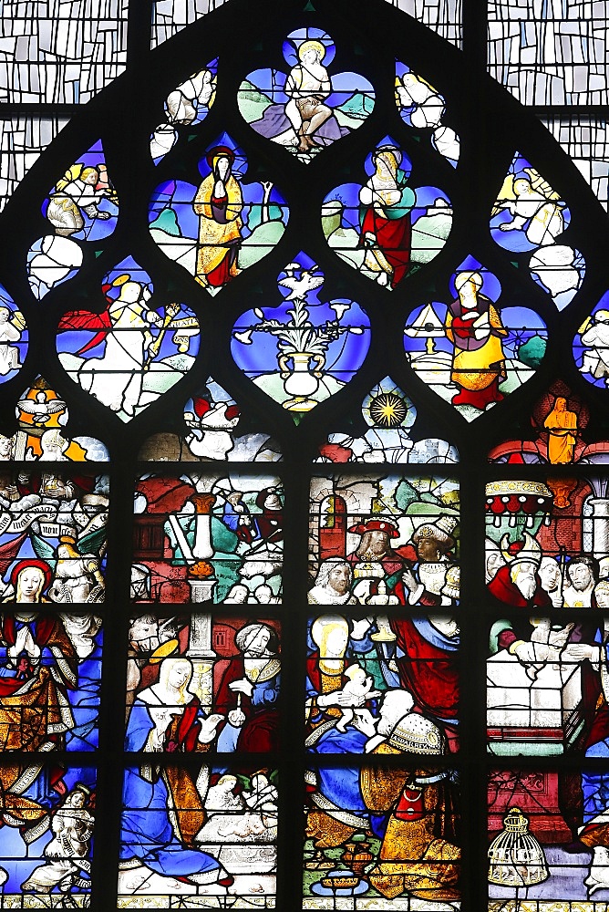 16th-century stained glass windows set in the north wall of Saint Joan of Arc's church, Rouen, Normandy, France, Europe