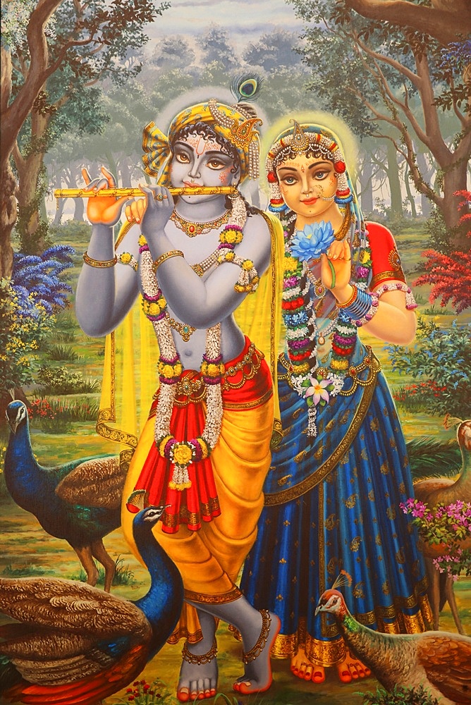 Painting depicting Hindu god Krishna with Radha, Vrindavan, Uttar Pradesh, India, Asia