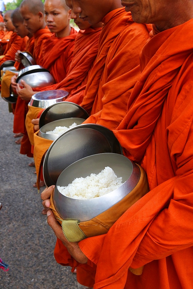 Buddhist monks on morning alms round in Western Cambodia, Indochina, Southeast Asia, Asia