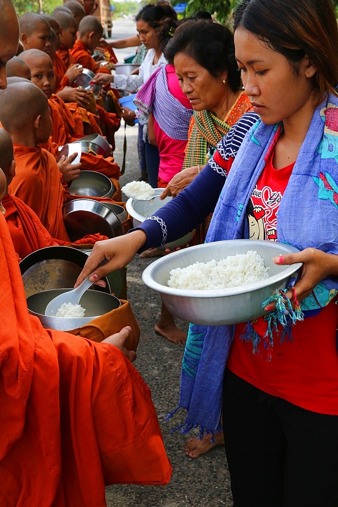 Buddhist monks on morning alms round in Western Cambodia, Indochina, Southeast Asia, Asia