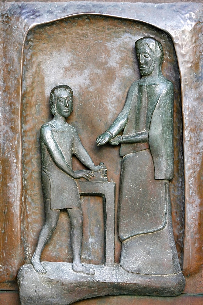 Annunciation Basilica door sculpture of Jesus and Joseph, Nazareth, Galilee, Israel, Middle East