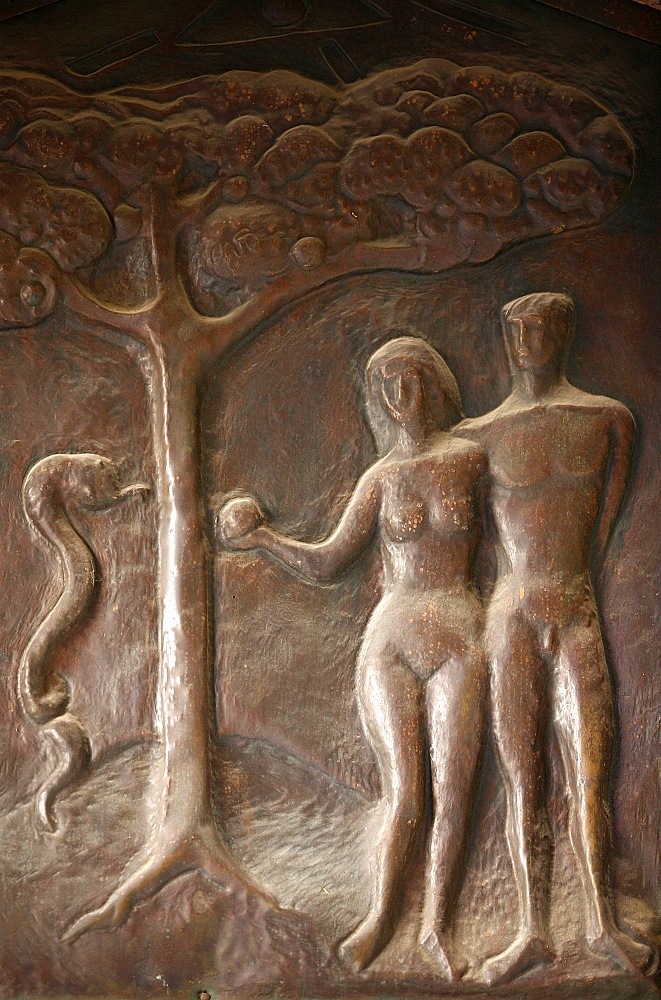 Annunciation Basilica door sculpture depicting Adam and Eve, Nazareth, Galilee, Israel, Middle East