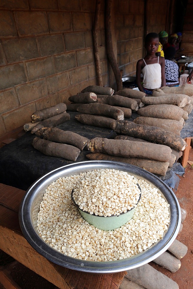 Corn and cassava in an African market, Togo, West Africa, Africa