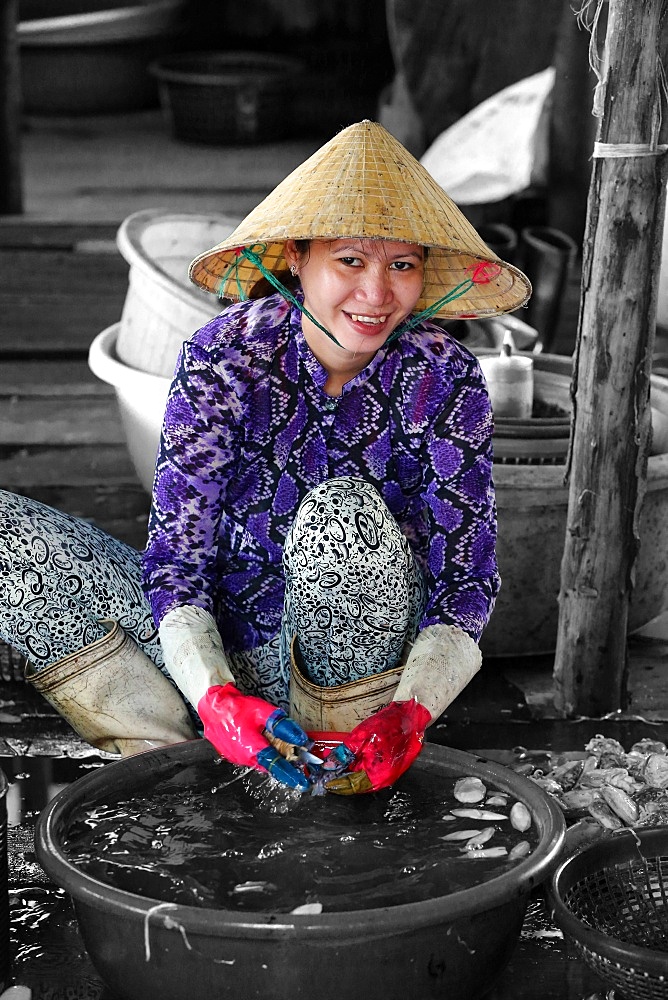 Woman sorting through fresh catch of fish, Vung Tau fish market, Vung Tau, Vietnam, Indochina, Southeast Asia, Asia