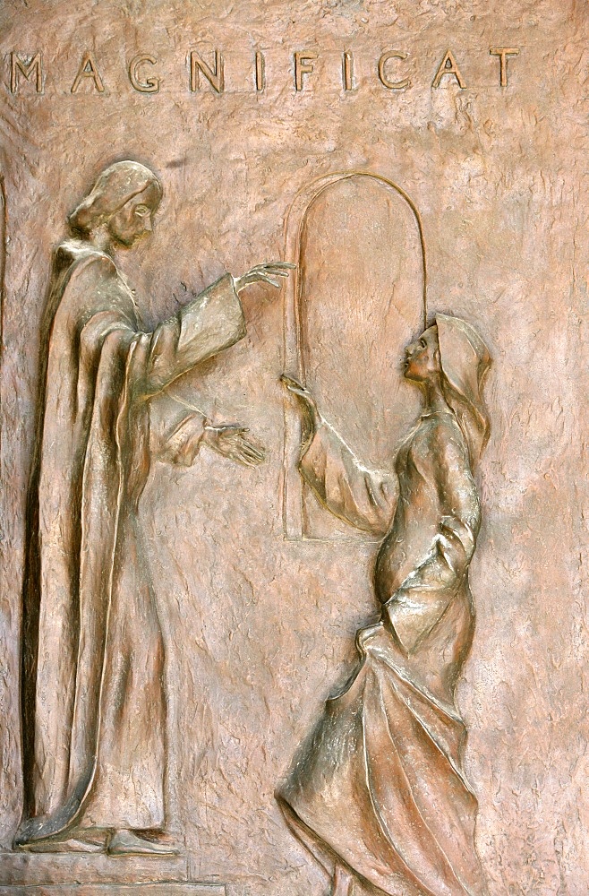 Sculpture depicting the Visitation with Mary and Elizabeth on the door of the Annunciation Basilica, Nazareth, Galilee, Israel, Middle East