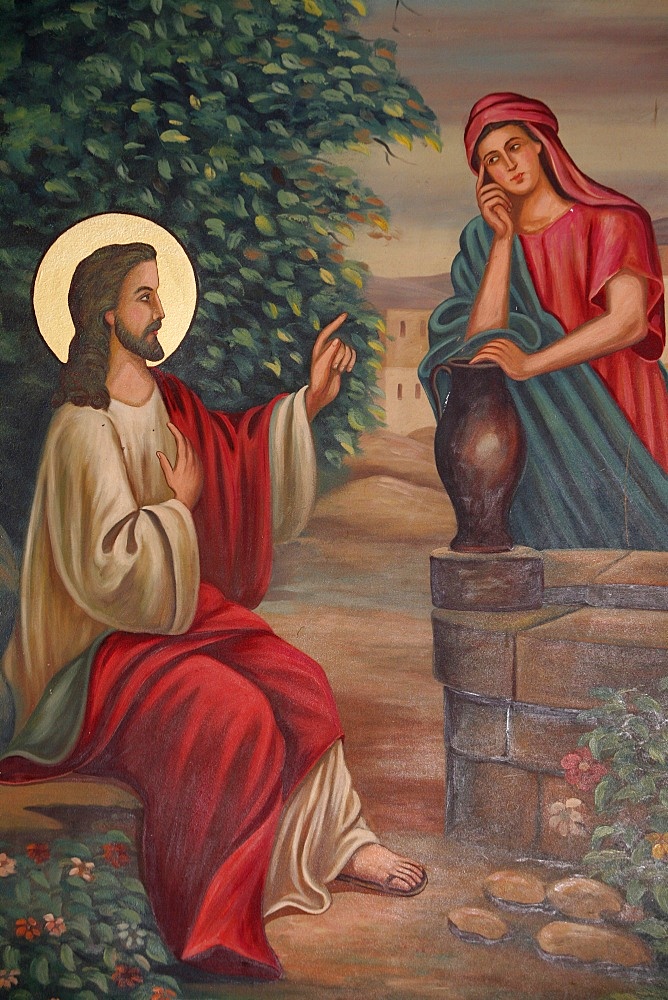 Painting of Jesus and the Samaritan woman, St. Anthony Coptic church, Jerusalem, Israel, Middle East