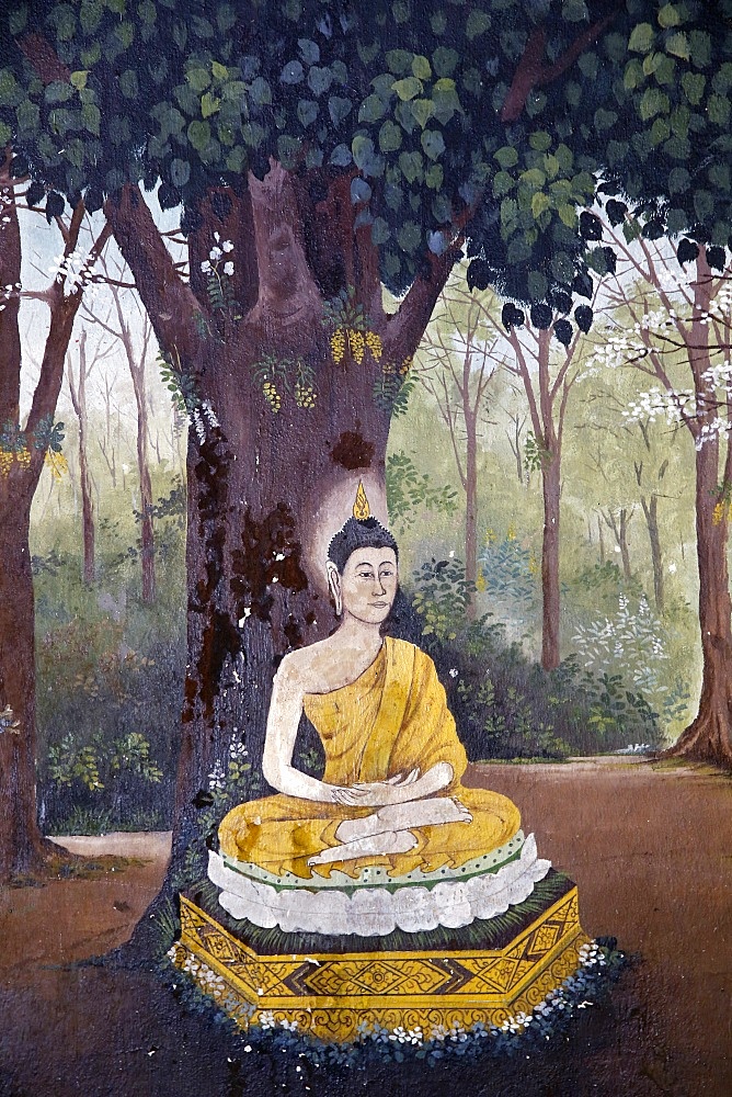 Fresco depicting Buddha meditating under a tree in a scene of the Buddha's life in Wat Phra Doi Suthep, Chiang Mai, Thailand, Southeast Asia, Asia