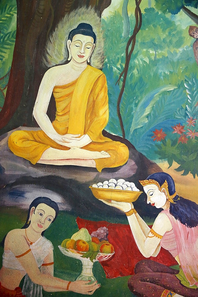 Fresco depicting food offerings to the Buddha in Wat Ampharam, Hua Hin, Thailand, Southeast Asia, Asia