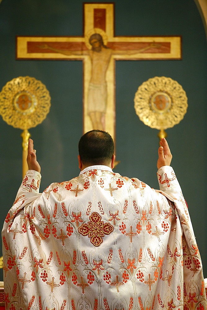 Melkite priest celebrating Mass, Nazareth, Galilee, Israel, Middle East