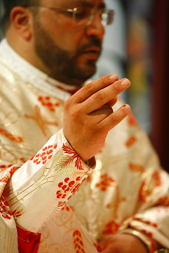 Melkite priest celebrating Mass, Nazareth, Galilee, Israel, Middle East