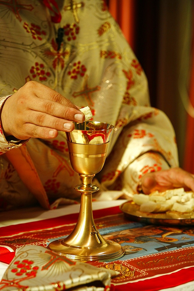 Melkite priest celebrating Mass, Nazareth, Galilee, Israel, Middle East