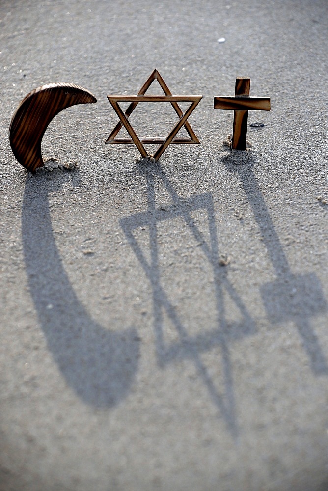 Interreligious symbols of the three monotheistic religions, Jewish Star, Cross and Crescent, for Judaism, Christianity and Islam, Vietnam, Indochina, Southeast Asia, Asia