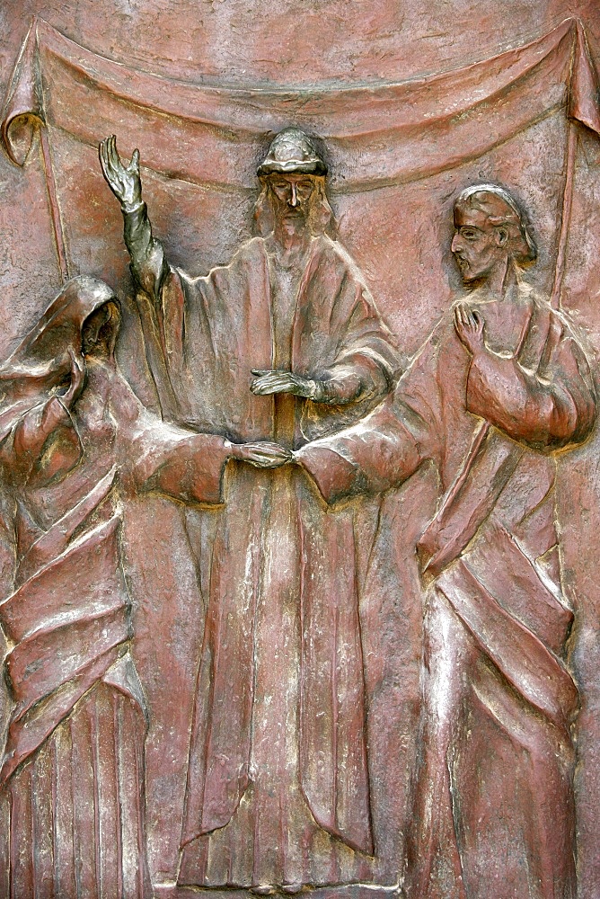 Sculpture of the wedding of Joseph and Mary on the door of the Annunciation Basilica, Nazareth, Galilee, Israel, Middle East