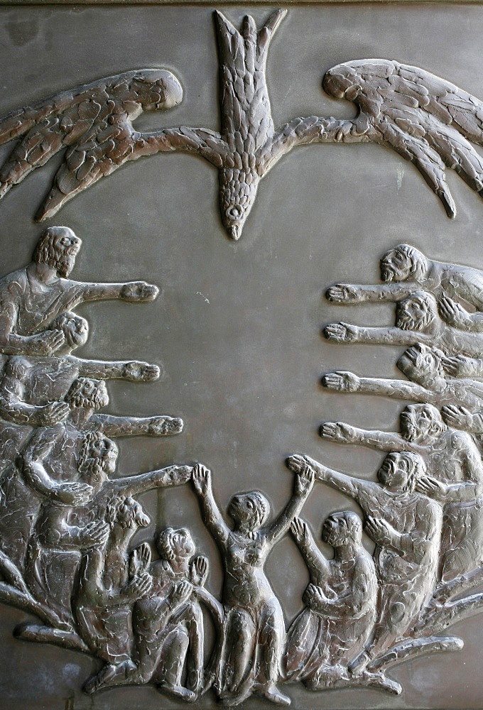 Sculpture depicting Pentecost on the door of the Annunciation Basilica, Nazareth, Galilee, Israel, Middle East