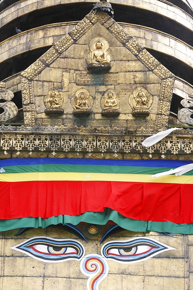 The eyes of Buddha on Swayambhunath Temple (Monkey Temple), UNESCO World Heritage Site, Kathmandu, Nepal, Asia