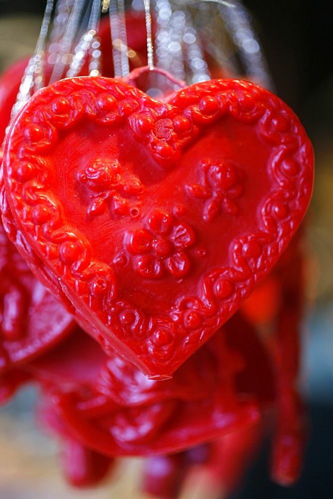 Close-up of heart decoration, Christmas market, Munich, Bavaria, Germany, Europe