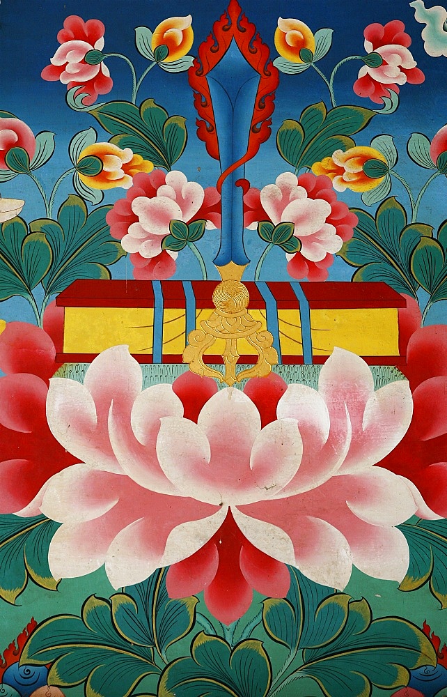 Painting of lotus flower, sword of knowledge and sacred text, Kopan monastery, Kathmandu, Nepal, Asia