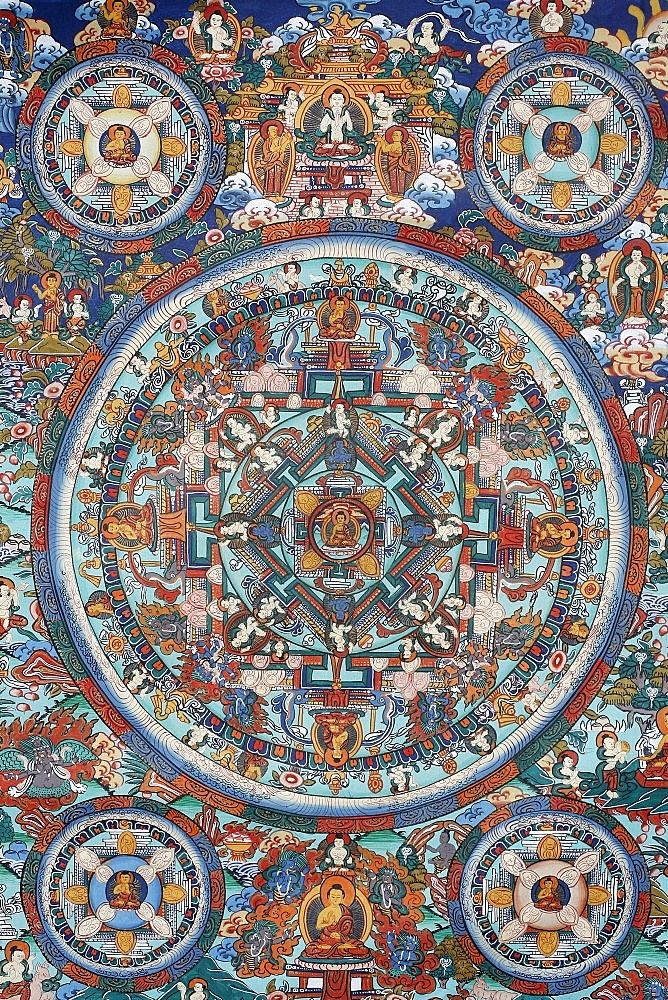 Mandala on a Tibetan thangka, Bhaktapur, Nepal, Asia