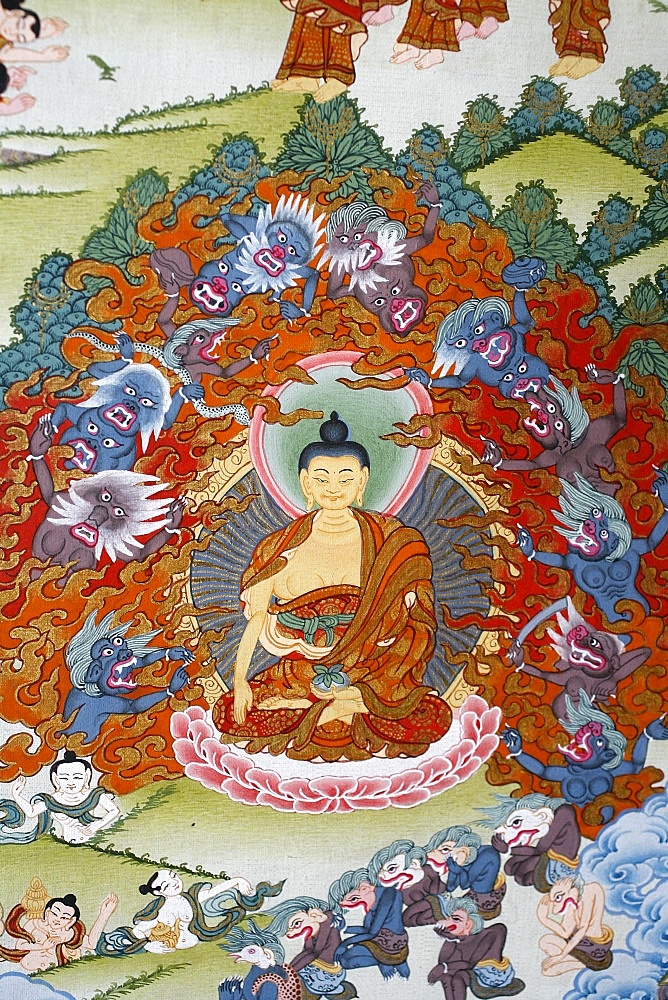 Thangka painting of the Buddha Sakyamuni surrounded by temptation, Bhaktapur, Nepal, Asia