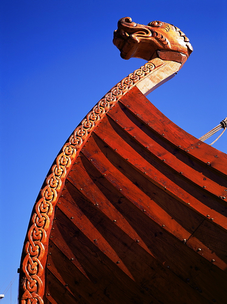 Close-up of Viking ship used as a charter boat, Aker Brygge, Oslo, Norway, Scandinavia, Europe