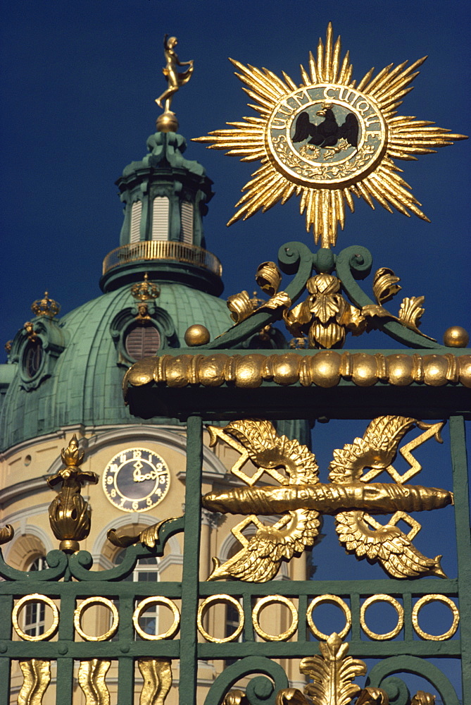 Detail of dome topped by 'Fortuna', and gate at Charlottenburg Palace, Berlin, Germany, Europe