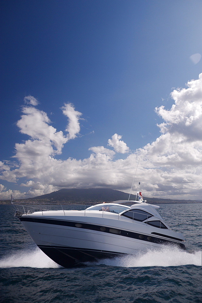 Motor yacht with Mount Vesuvius behind, Bay of Naples, Campania, Italy, Mediterranean, Europe