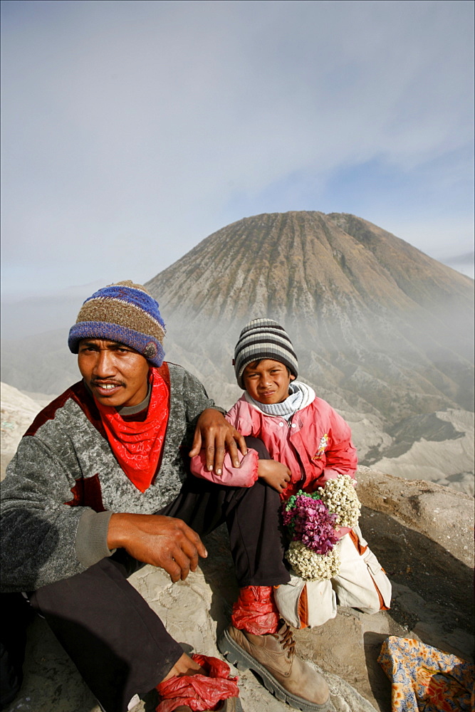 At the top of the Bromo volcano, with the small Batok volcano in the background, Tengger Caldera, Java, Indonesia, Southeast Asia, Asia